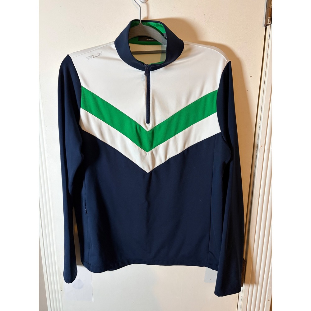 RLX Ralph Lauren Mens Large Quarter Zip Pullover Navy White Green Chevron Golf